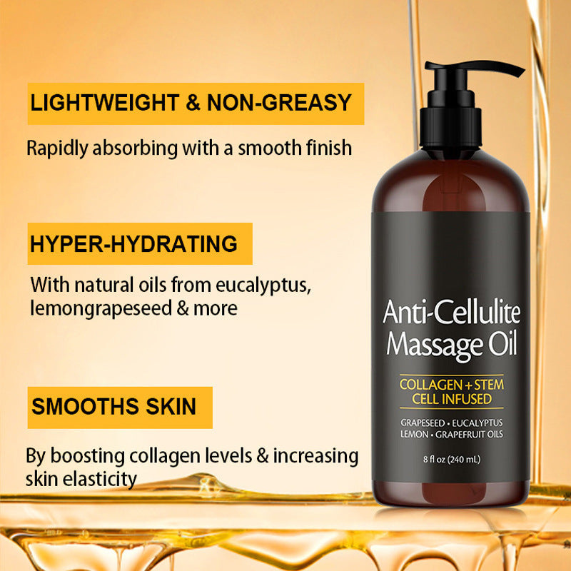 Anti-cellulite massage oil bottle with features listed on a gold background